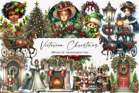 Victorian Christmas Watercolor Clipart PNG Bundle | Vintage Christmas Clipart | Elegant Holiday Sublimation