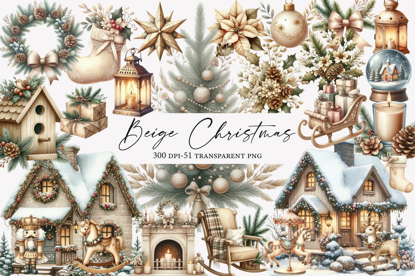 Beige Christmas Clipart PNG Bundle | Neutral Watercolor Christmas Clipart | Elegant Boho Holiday PNG