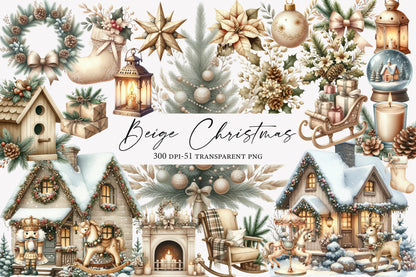 Beige Christmas Clipart PNG Bundle | Neutral Watercolor Christmas Clipart | Elegant Boho Holiday PNG