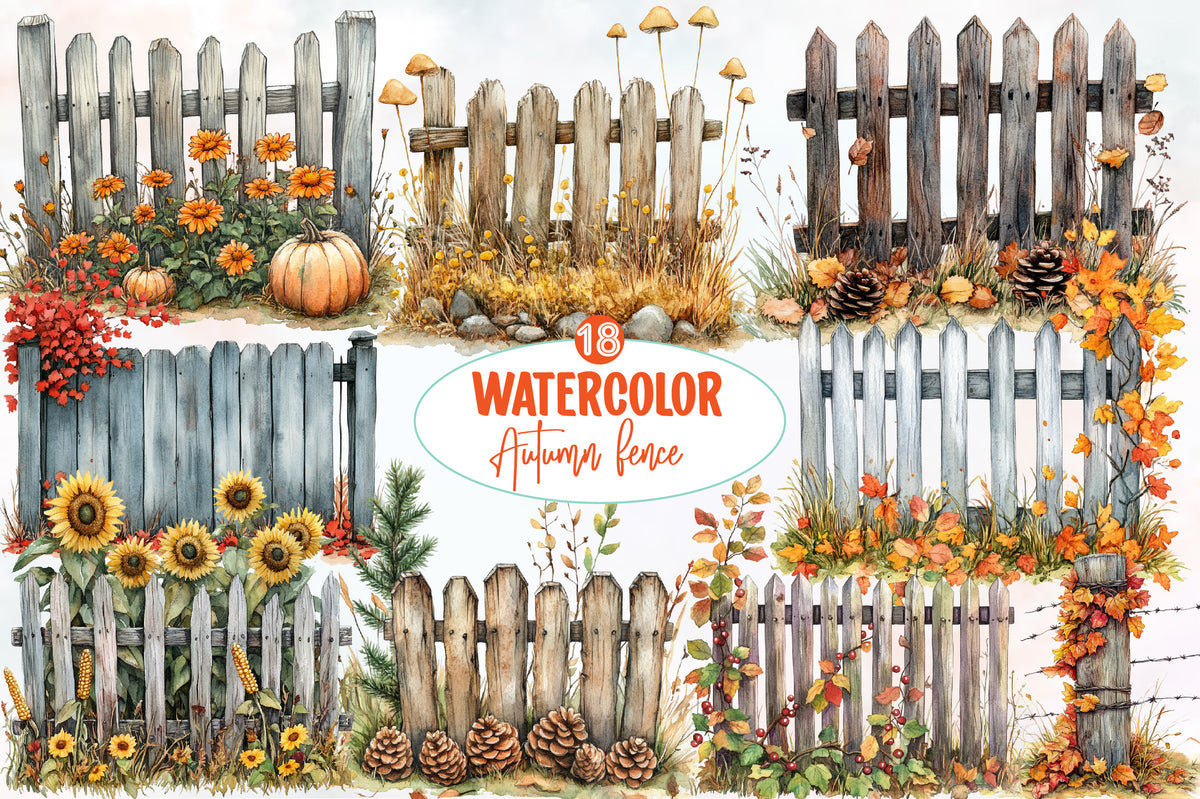 Watercolor Autumn Fence Clipart Bundle Fall Garden Fence PNG