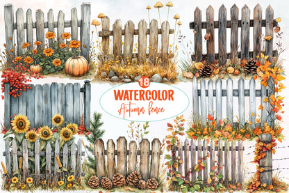 Watercolor Autumn Fence Clipart Bundle Fall Garden Fence PNG