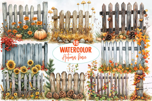 Watercolor Autumn Fence Clipart Bundle Fall Garden Fence PNG