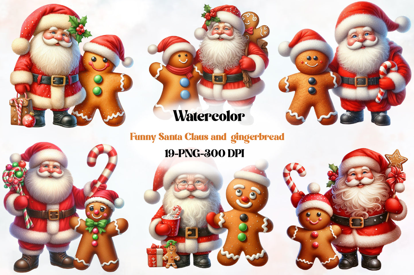Funny Santa Claus & Gingerbread PNG Bundle 19 Watercolor Christmas Clipart