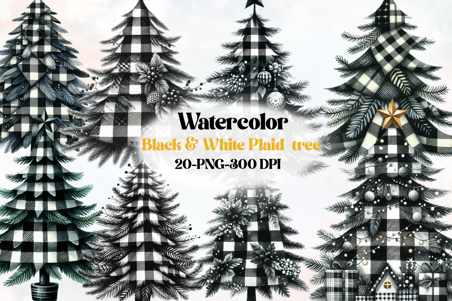 Black & White Plaid Christmas Tree Clipart PNG Bundle | Buffalo Check Christmas Trees, Farmhouse Holiday Trees