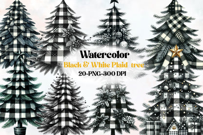 Black & White Plaid Christmas Tree Clipart PNG Bundle | Buffalo Check Christmas Trees, Farmhouse Holiday Trees