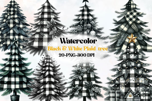 Black & White Plaid Christmas Tree Clipart PNG Bundle | Buffalo Check Christmas Trees, Farmhouse Holiday Trees