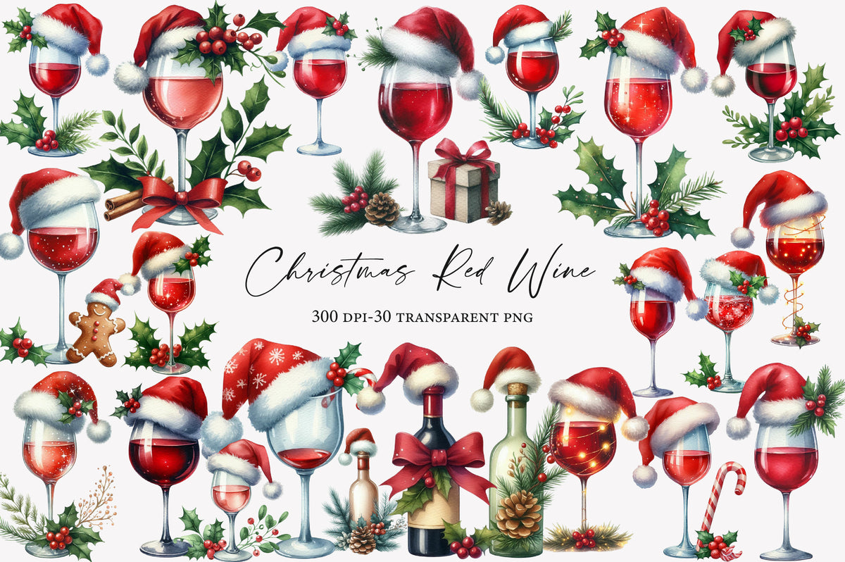 Christmas Red Wine Clipart PNG Bundle | Watercolor Festive Red Wine Clipart | Holiday Wine Glass Sublimation PNG
