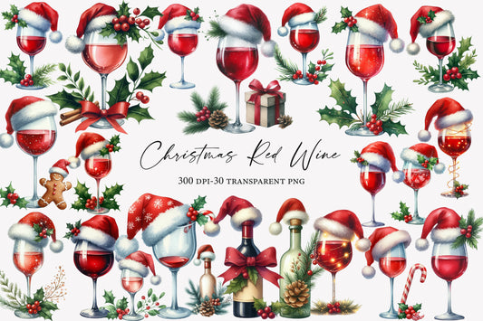 Christmas Red Wine Clipart PNG Bundle | Watercolor Festive Red Wine Clipart | Holiday Wine Glass Sublimation PNG