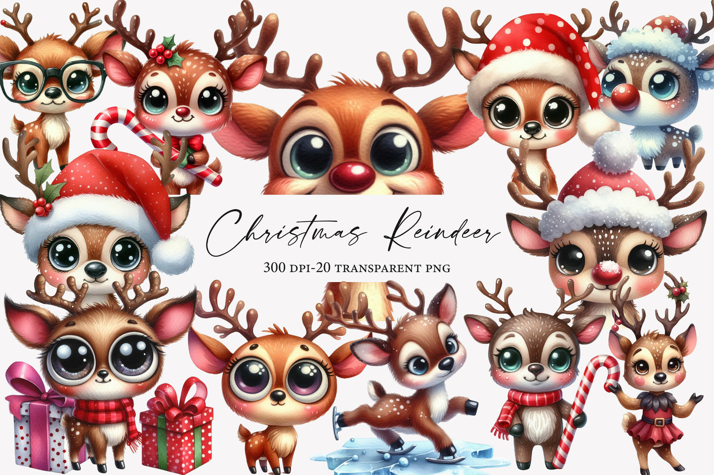Christmas Funny Reindeer Clipart PNG Bundle | Watercolor Cute Funny Christmas Reindeer Clipart | Holiday Sublimation PNG