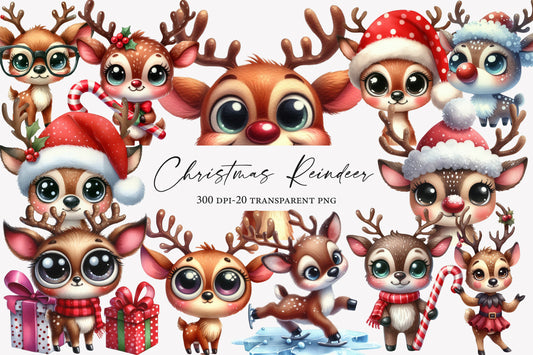 Christmas Funny Reindeer Clipart PNG Bundle | Watercolor Cute Funny Christmas Reindeer Clipart | Holiday Sublimation PNG
