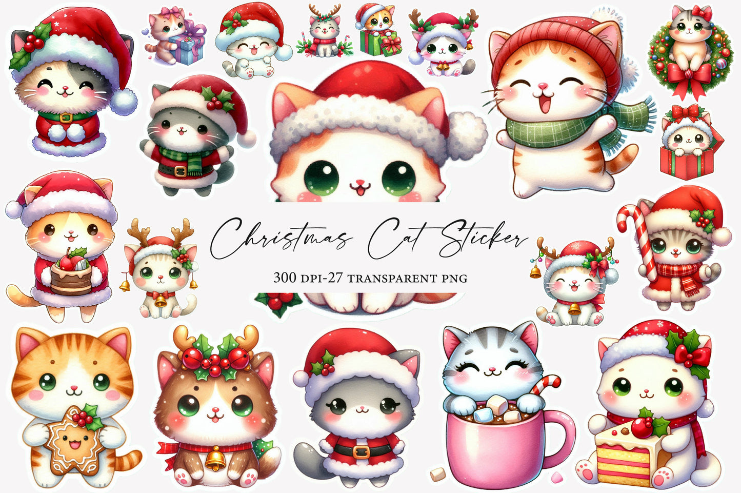 Christmas Cat Sticker Clipart PNG Bundle | Watercolor Cute Christmas Cat Stickers | Holiday Cat Sublimation PNG