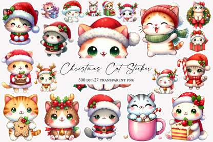 Christmas Cat Sticker Clipart PNG Bundle | Watercolor Cute Christmas Cat Stickers | Holiday Cat Sublimation PNG