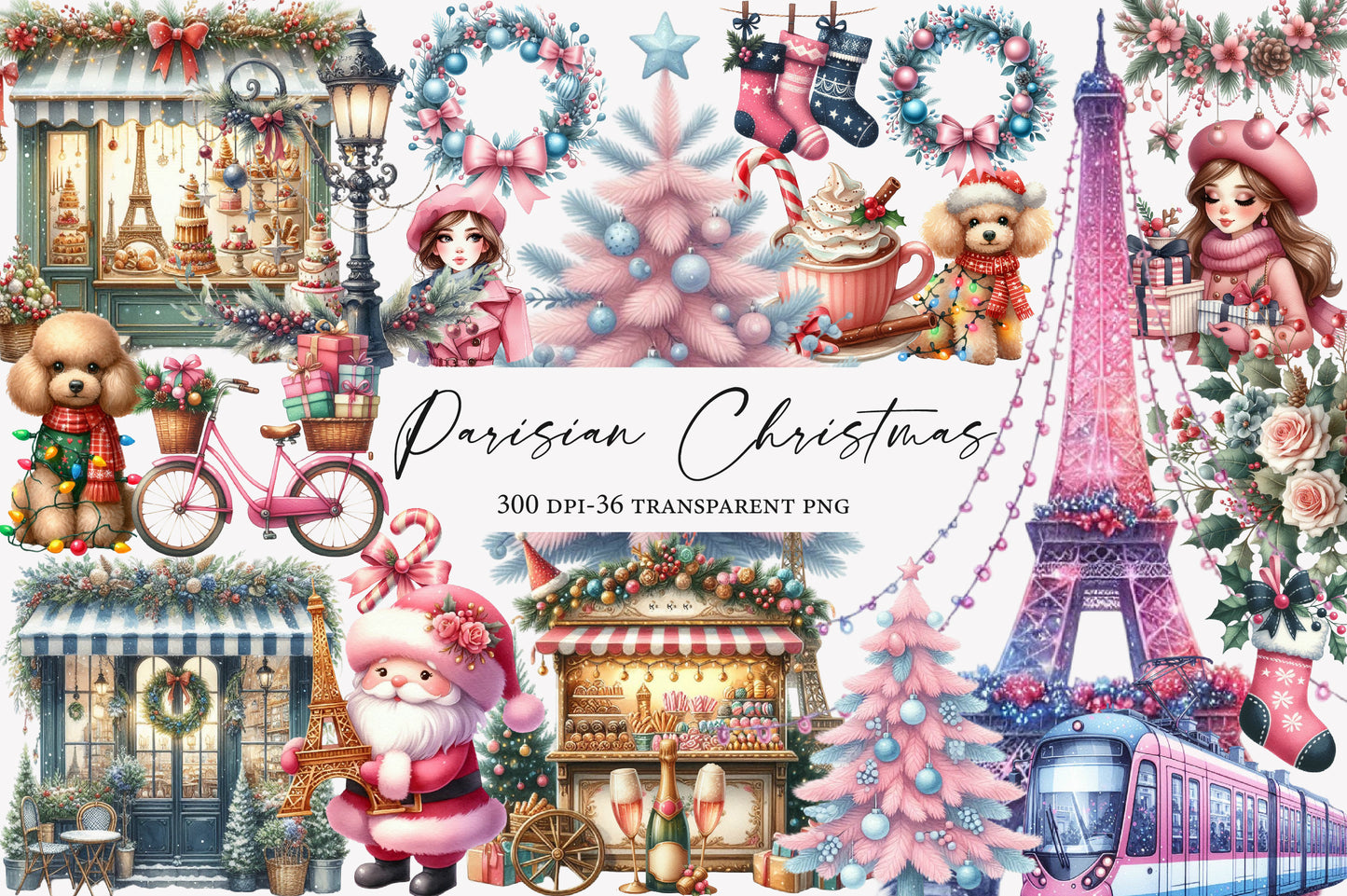Parisian Christmas Watercolor Clipart PNG Bundle | Elegant Paris Christmas Clipart | Pink Winter Holiday Sublimation PNG