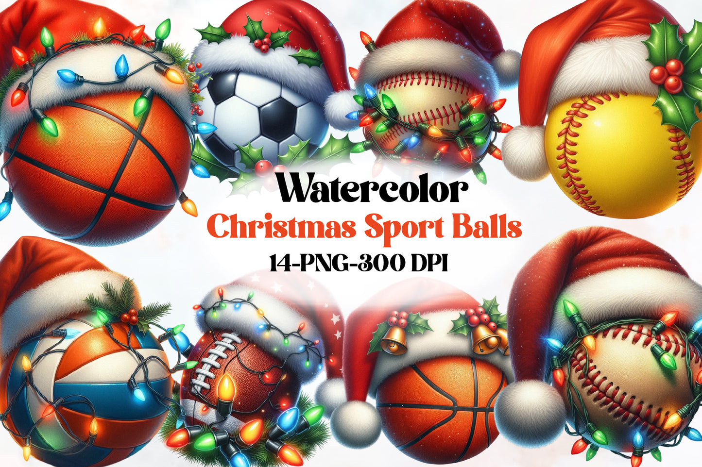 Watercolor Christmas Sports Balls Clipart PNG Bundle | Cute Holiday Basketball, Soccer & Baseball Designs
