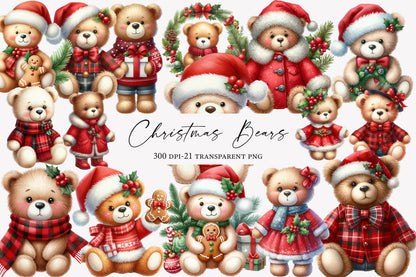 Christmas Bears Clipart PNG Bundle | Watercolor Cute Christmas Bear Clipart | Festive Holiday Bear PNG