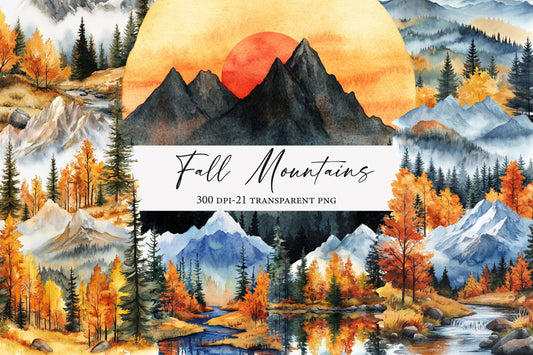 Fall Mountains Watercolor Clipart PNG Bundle | Autumn Mountain Landscape | Fall Nature Sublimation