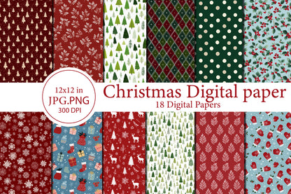 Christmas Digital Paper Bundle | Watercolor Christmas Scrapbook Papers | Holiday Seamless Backgrounds