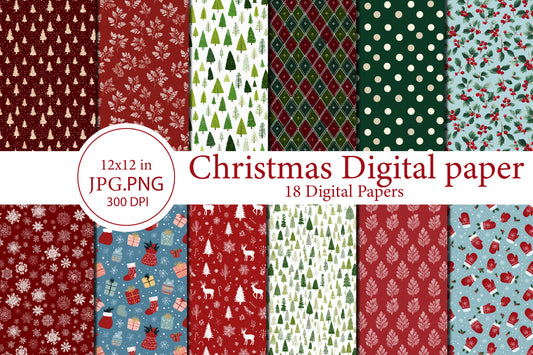 Christmas Digital Paper Bundle | Watercolor Christmas Scrapbook Papers | Holiday Seamless Backgrounds