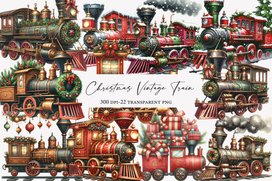 Christmas Vintage Train Clipart PNG Bundle | Watercolor Vintage Christmas Train Clipart | Nostalgic Holiday Train Sublimation PNG