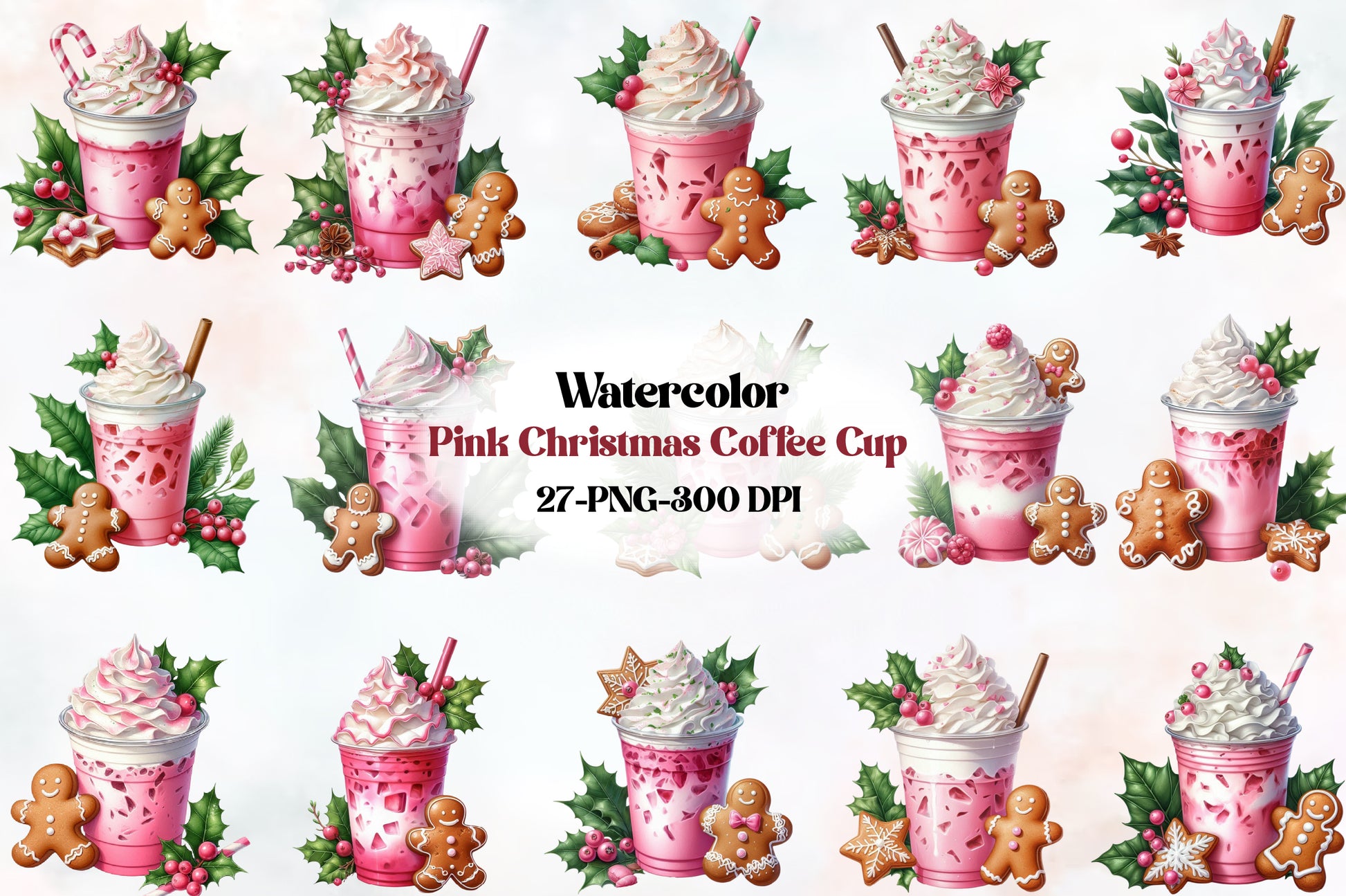 Pink Christmas Coffee Cup PNG Bundle Cute Holiday Coffee Sublimation