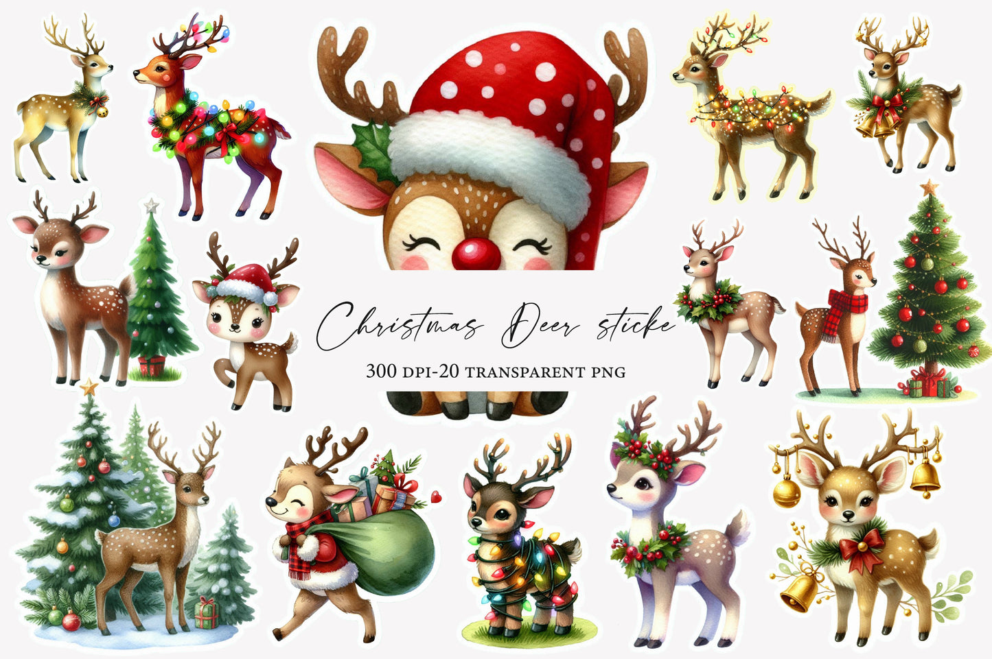Christmas Deer Sticker Clipart PNG Bundle | Watercolor Cute Christmas Deer Stickers | Holiday Reindeer Sublimation PNG