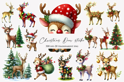 Christmas Deer Sticker Clipart PNG Bundle | Watercolor Cute Christmas Deer Stickers | Holiday Reindeer Sublimation PNG