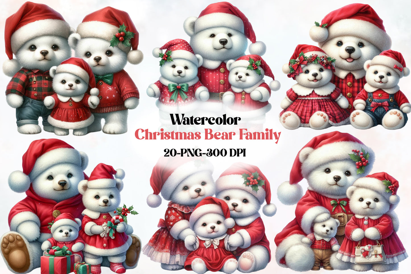 Christmas Bear Family Clipart PNG Bundle | Cute Teddy Bear Christmas Family, Santa Bear, Holiday Bear & Winter Bear Designs