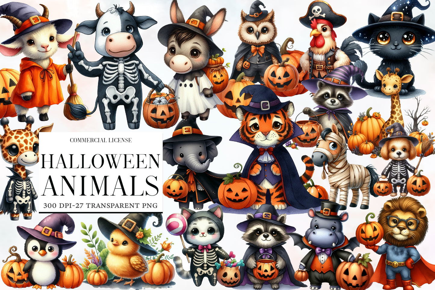 Halloween Animals Clipart PNG Bundle | Cute Spooky Animal PNG, Halloween Animal Clipart
