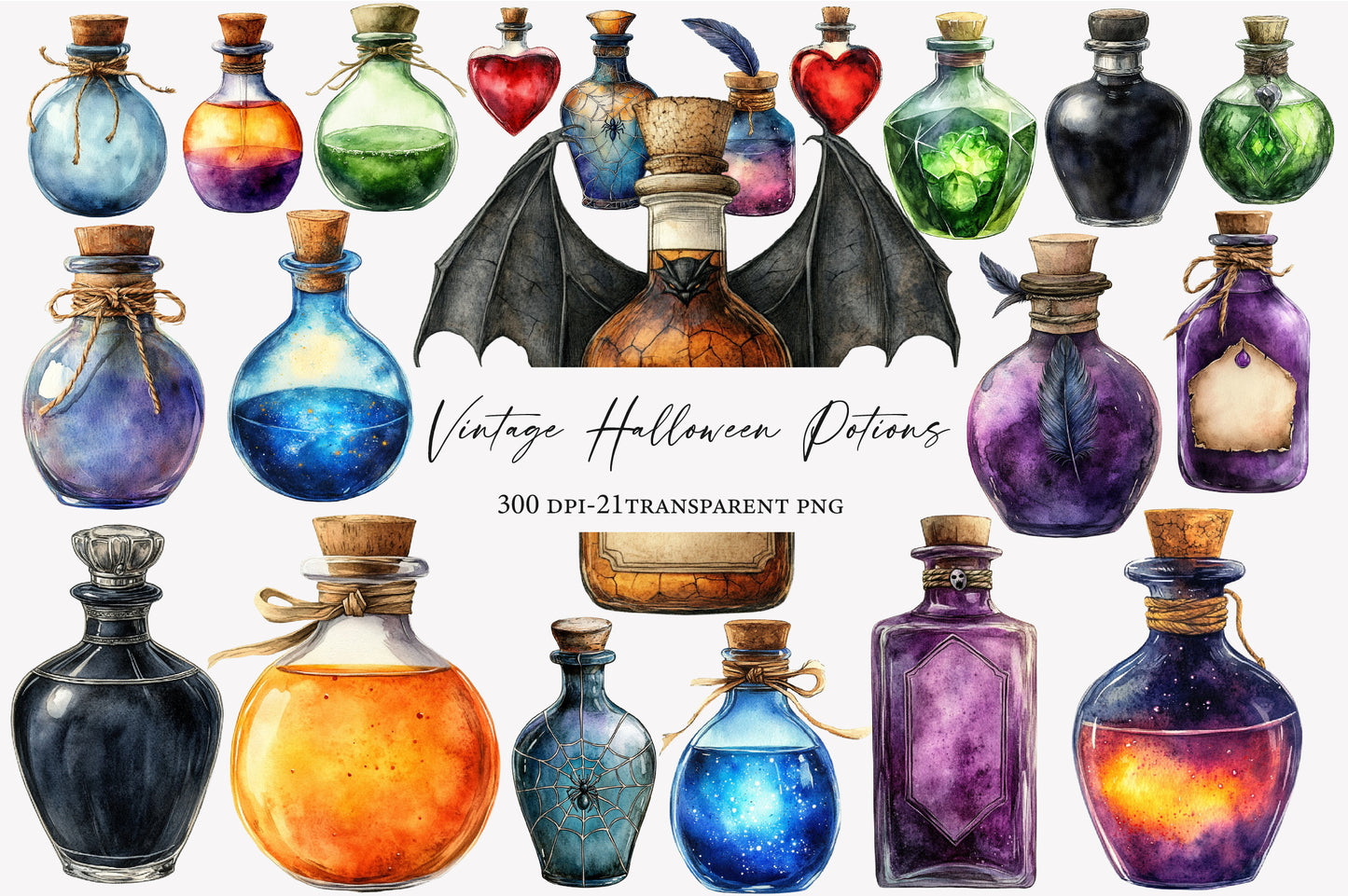 Vintage Halloween Potions Clipart PNG Bundle | Retro Potion Bottles, Witch Elixirs, Apothecary Jars & Magical Halloween PNG