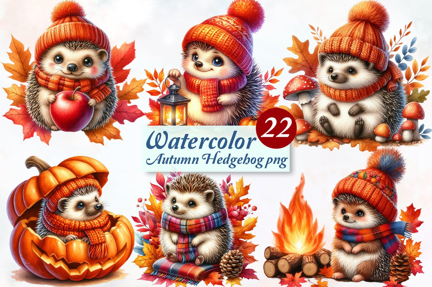 Watercolor Autumn Hedgehog PNG Bundle 22 Cute Fall Hedgehog Clipart
