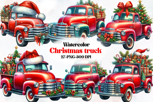 Watercolor Christmas Truck PNG Bundle 27 Vintage Holiday Trucks