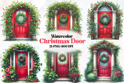 Watercolor Christmas Door Clipart PNG Bundle | Red Christmas Door & Holiday Wreath