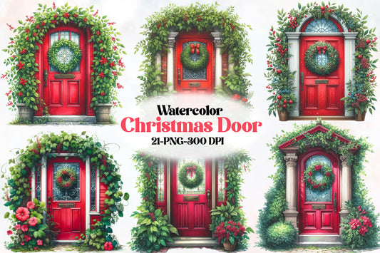 Watercolor Christmas Door Clipart PNG Bundle | Red Christmas Door & Holiday Wreath