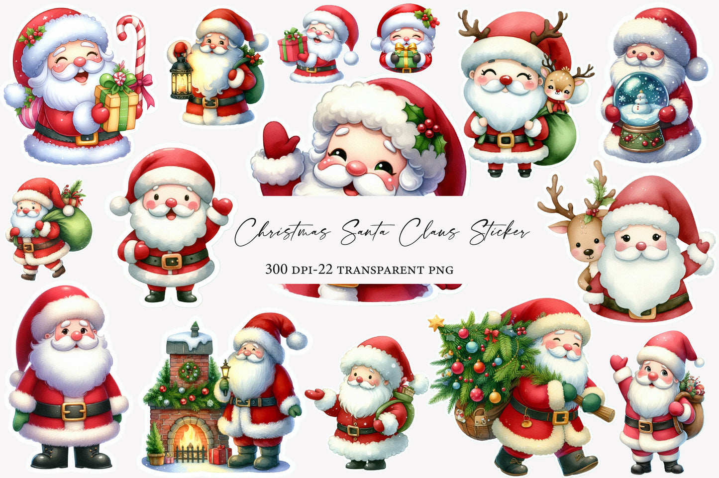 Christmas Santa Claus Sticker Clipart PNG Bundle | Cute Watercolor Santa Sticker Clipart | Holiday Santa Sublimation PNG