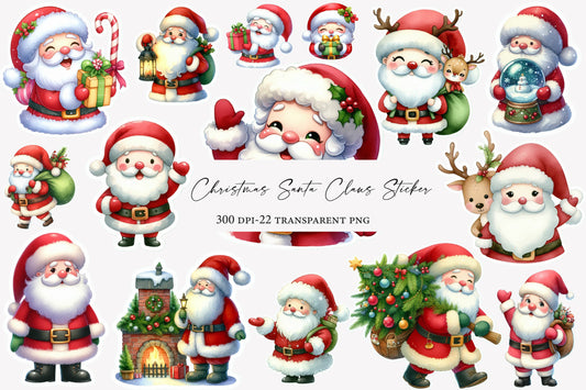 Christmas Santa Claus Sticker Clipart PNG Bundle | Cute Watercolor Santa Sticker Clipart | Holiday Santa Sublimation PNG