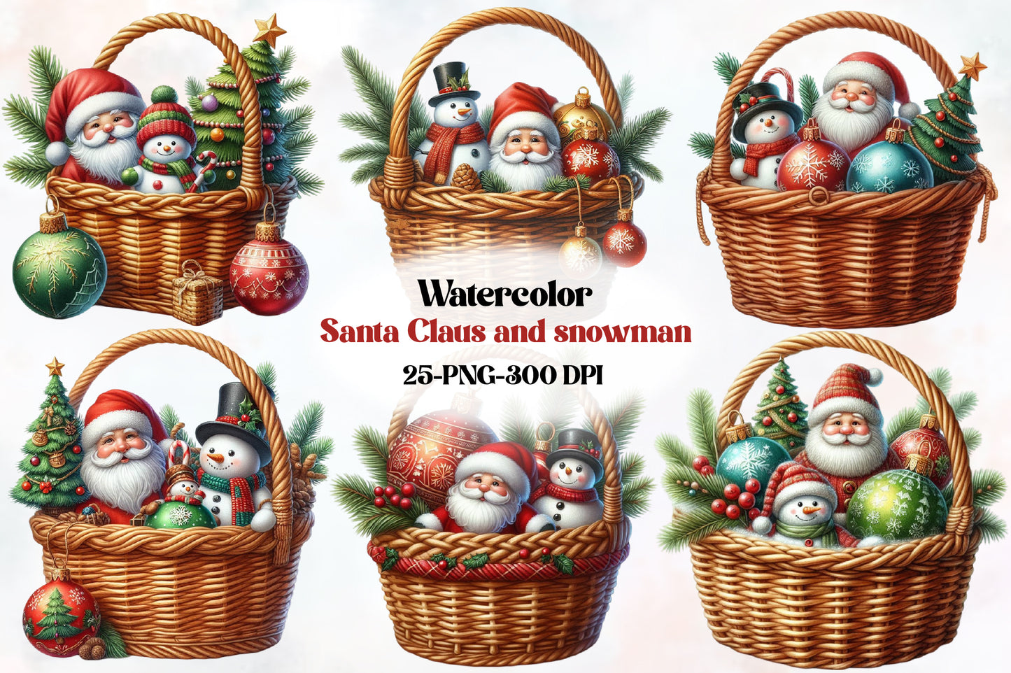 25 Watercolor Santa Claus Snowman Christmas Basket PNG Bundle