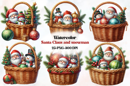 25 Watercolor Santa Claus Snowman Christmas Basket PNG Bundle