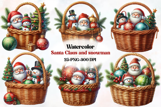 25 Watercolor Santa Claus Snowman Christmas Basket PNG Bundle
