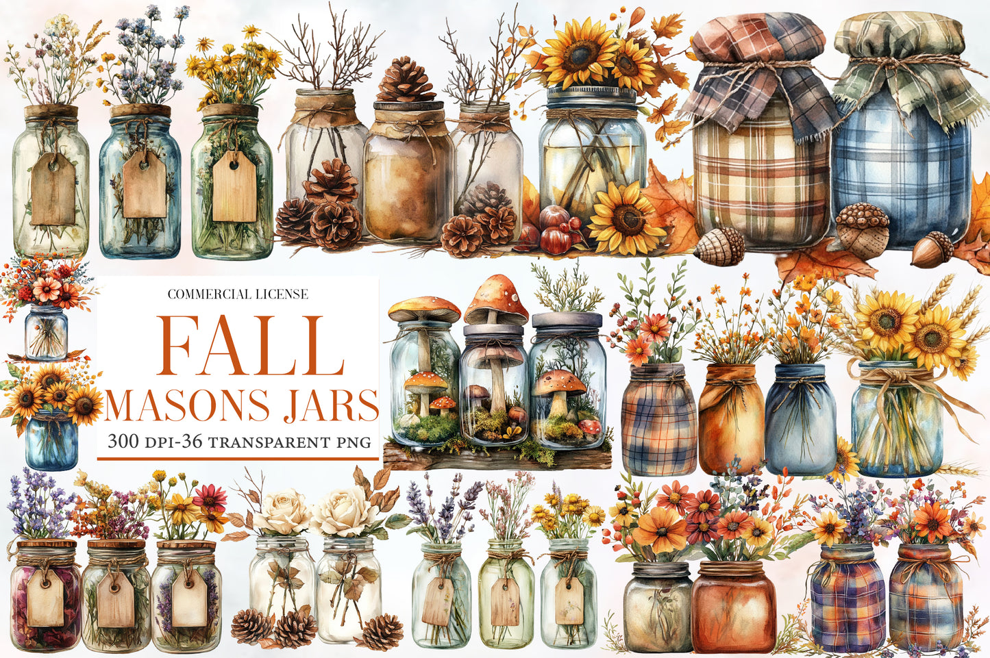 Fall Mason Jars PNG Bundle | Autumn Mason Jar Clipart, Farmhouse Fall Flowers, Sunflower PNG