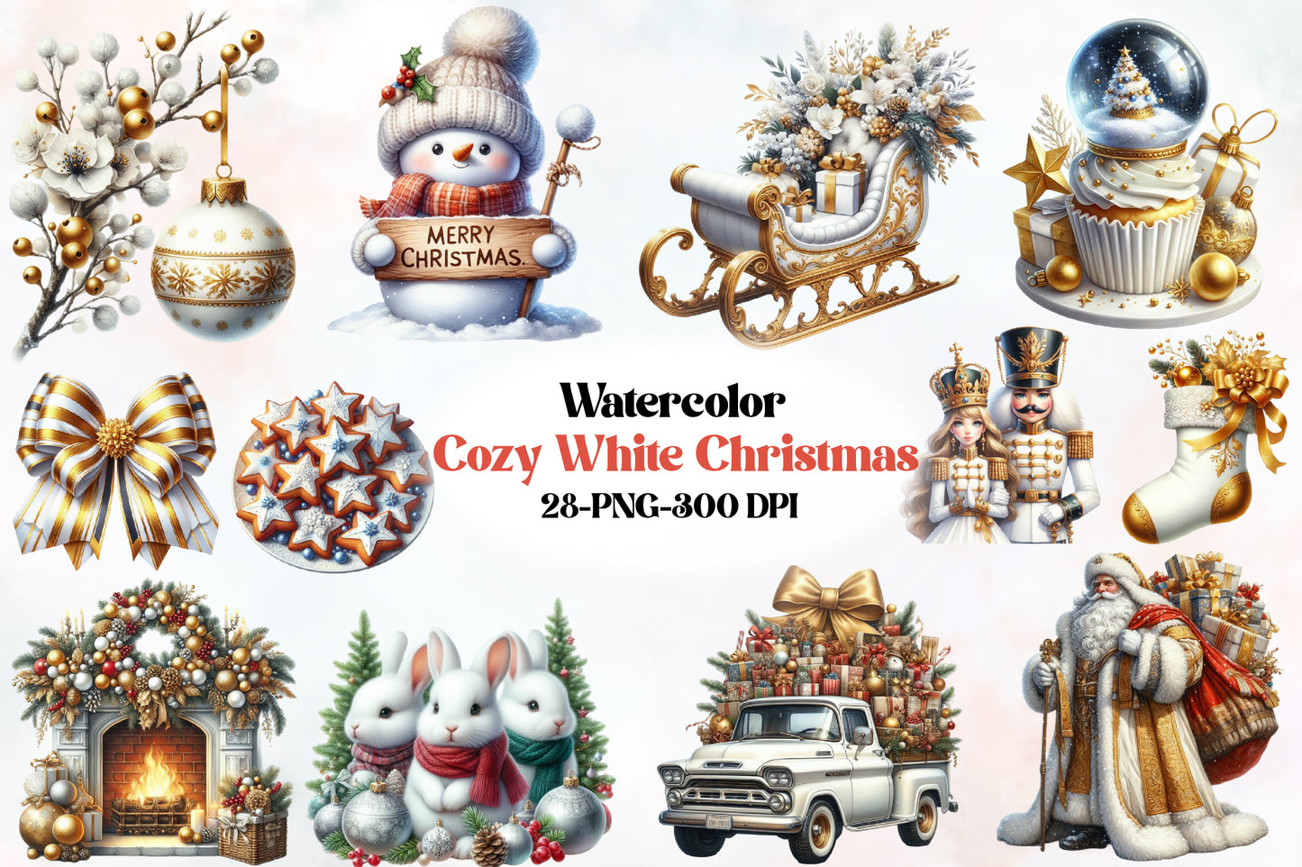 Cozy White Christmas Clipart PNG Bundle | Elegant Winter Christmas, Snowman, Sleigh, Santa, Wreath & Gold Holiday Designs
