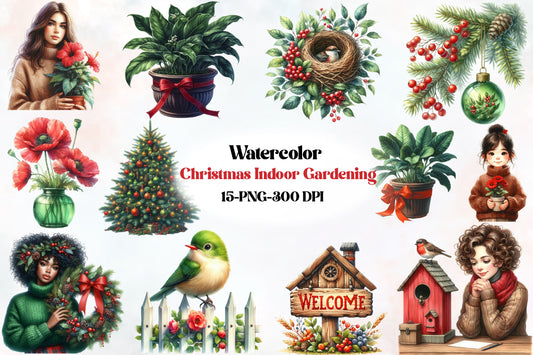 Watercolor Christmas Indoor Gardening Clipart PNG Bundle | Christmas Plants, Flowers & Garden Decor