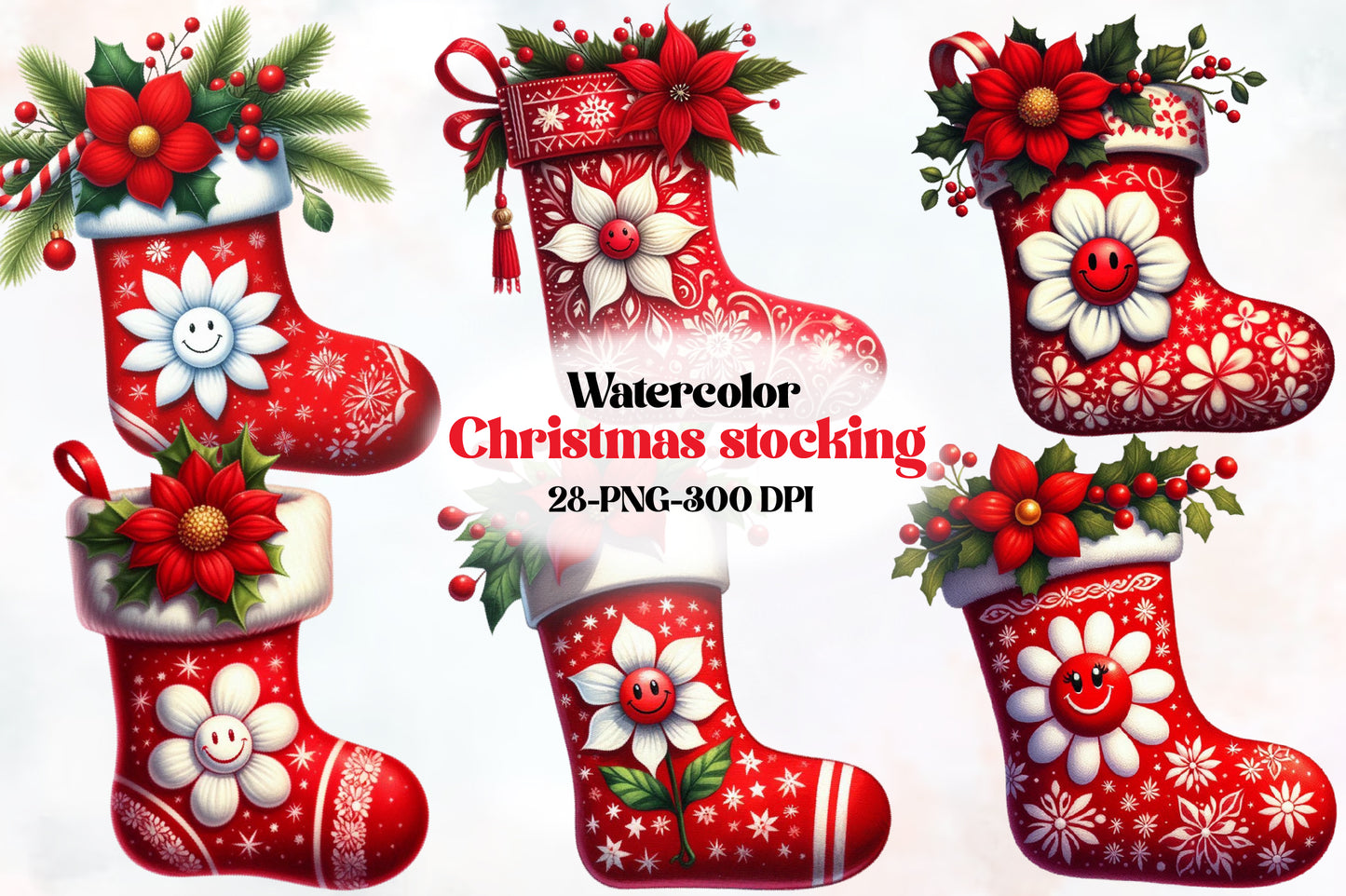 Watercolor Christmas Stocking Clipart PNG Bundle | Plaid Holiday Stocking & Festive Christmas Designs