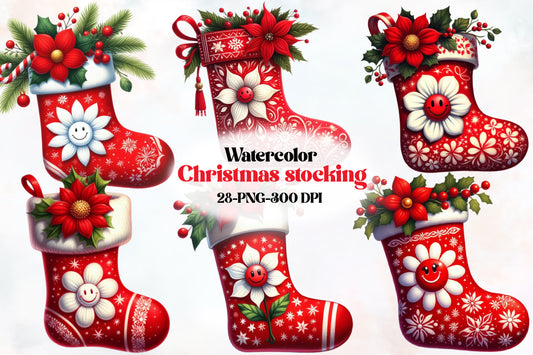 Watercolor Christmas Stocking Clipart PNG Bundle | Plaid Holiday Stocking & Festive Christmas Designs