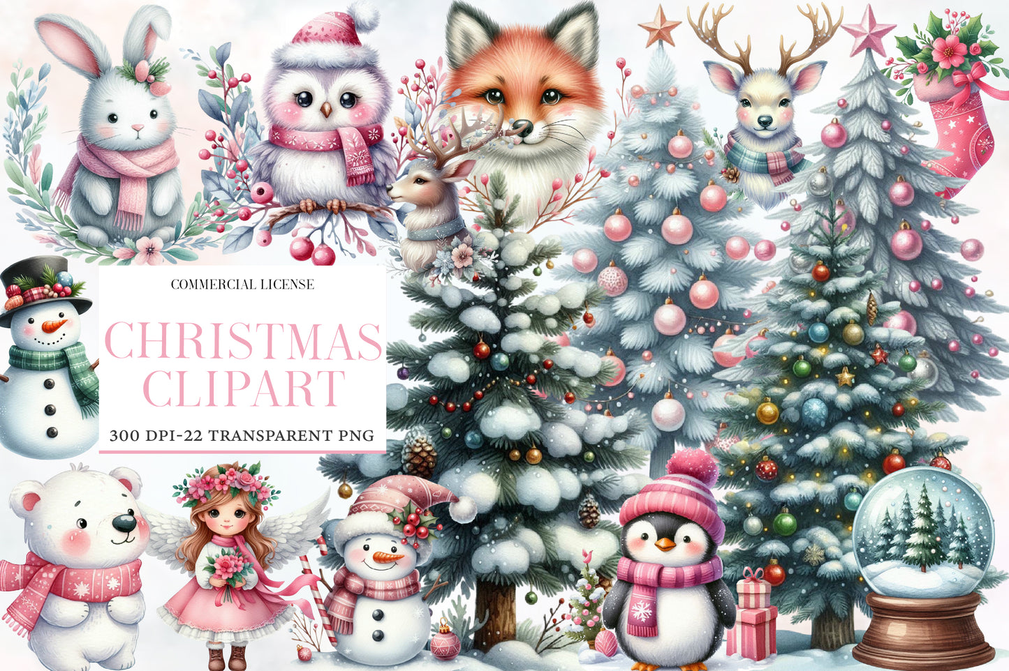 Pink Christmas Woodland Animals Watercolor Clipart PNG Bundle | Christmas Clipart | Winter Sublimation