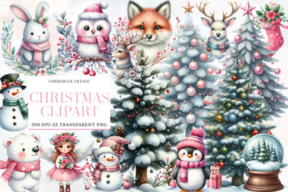 Pink Christmas Woodland Animals Watercolor Clipart PNG Bundle | Christmas Clipart | Winter Sublimation