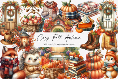 Cozy Fall Autumn Watercolor Clipart PNG Bundle | Fall Clipart, Thanksgiving PNG