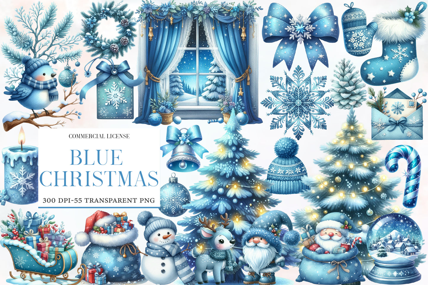 Blue Christmas Clipart Sublimation PNG Bundle | Watercolor Winter Holiday Clipart | Icy Blue Christmas Sublimation PNG
