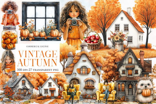 Vintage Autumn Watercolor Clipart PNG Bundle | Fall Cottagecore Clipart | Cozy Autumn Sublimation