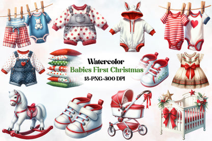 18 Watercolor Baby's First Christmas PNG Clipart Bundle Cute Baby Holiday