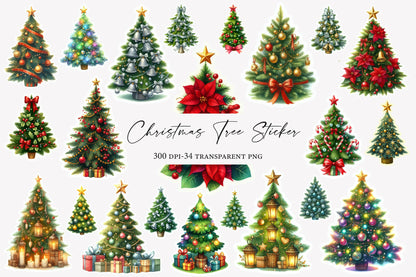 Christmas Tree Sticker Clipart PNG Bundle | Cute Watercolor Christmas Tree Sticker Clipart | Festive Holiday Sublimation PNG
